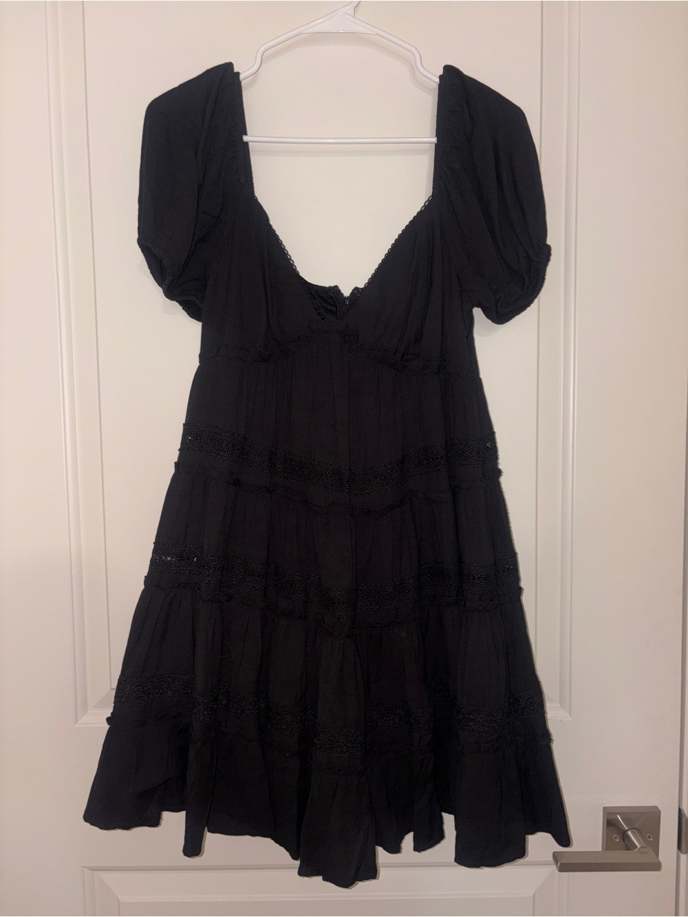 Altar'd State Black Short Puff Sleeve Tiered Mini Dress